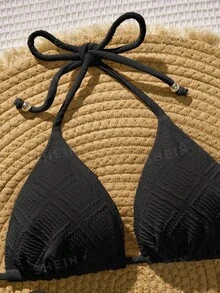Swim Vcay 女款夏季海灘度假泳池派對度假純色掛脖綁帶比基尼兩件式泳衣套裝 黑色 - 黑色 - 查看 3