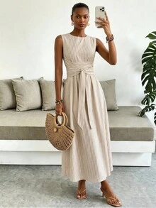 Lilora 女款優雅無袖長版刺繡洋裝 - 杏色 - 查看 2