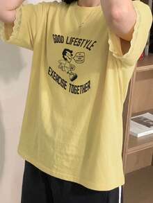 DAZY 女款圓領圖案印花蕾絲飾邊短袖T恤，春夏可愛上衣 - 黃色 - 查看 4