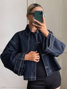 Livesso Tall Women's Loose Urban Casual Denim Jacket With Stitching Decoration Fall - Dark Wash - View 3