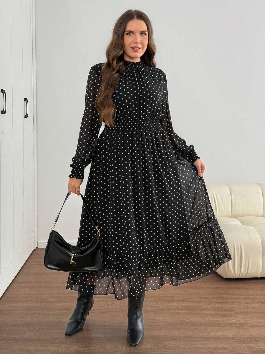 SHEIN LUNE Gaun Liburan Lengan Panjang Motif Polkadot Gaya Prancis Ukuran Plus - Hitam dan Putih - View 1