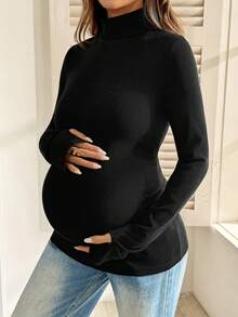 SHEIN Maternity Solid Color Minimalist Versatile Long Sleeve T-Shirt For Daily Wear - Black - View 3