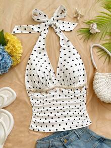 Soleia Plus Size White Polka Dot Print Knit Halter Neck Shell Tassel Decor Tank Top - Black and White - View 6