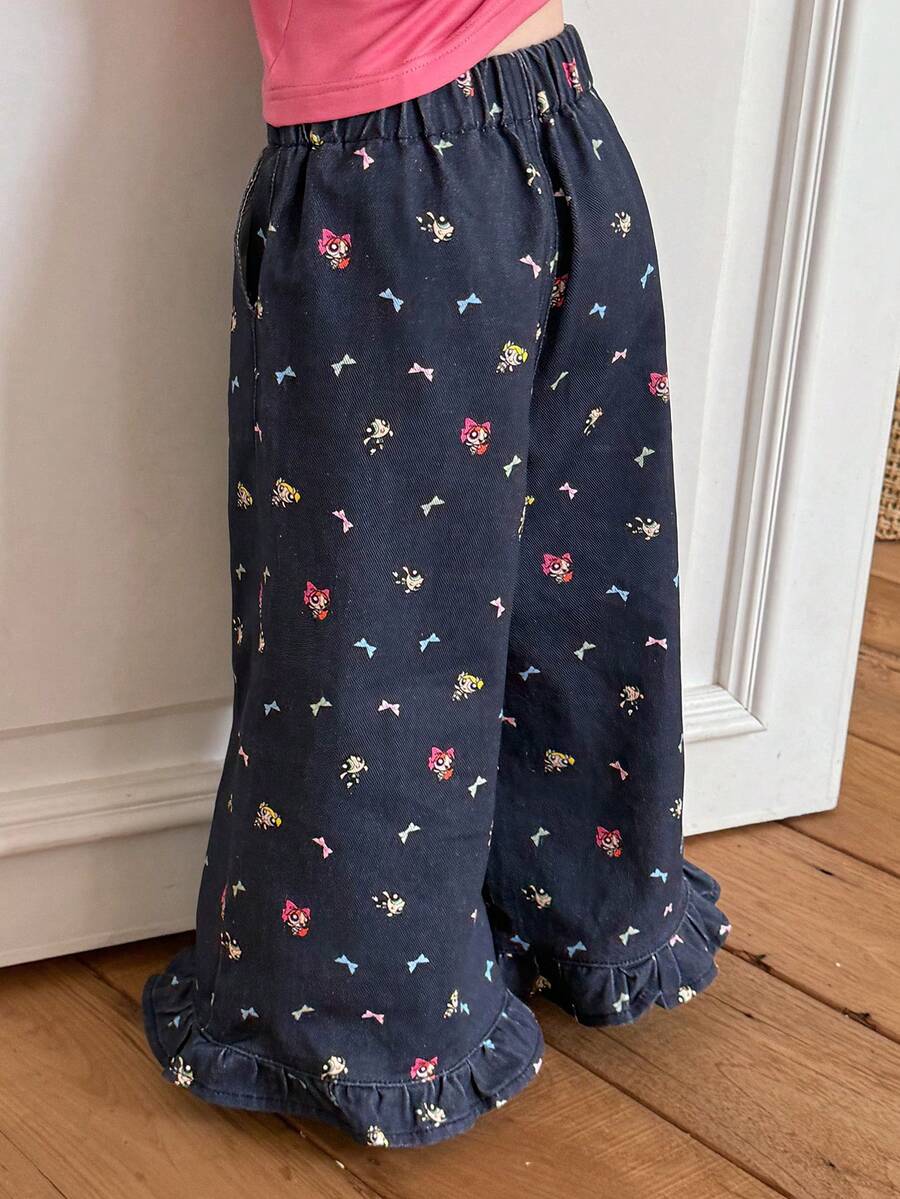 THE POWERPUFF GIRLS X DAZY Young Girl Elastic Waist All-Over Print Casual Daily Denim Jeans - Dark Wash - View 1