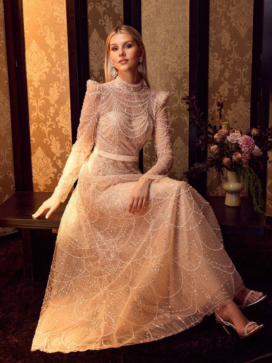 MOTF Soiréza ELEGANT WOMEN'S BEADED LONG SLEEVE MOCK NECK MAXI GOWN FOR FORMAL EVENING PARTY