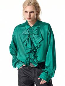 ROMWE MEN Men's Elegant Fashion Striped Ruffle Single-Breasted Shirt - Green - View 6