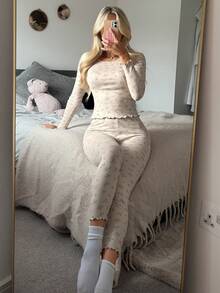 Dazy Tall Women's Ditsy Floral Fitted Long Sleeve Top And Pants Casual 2 Pieces Set Fall Vacation - Apricot - View 8