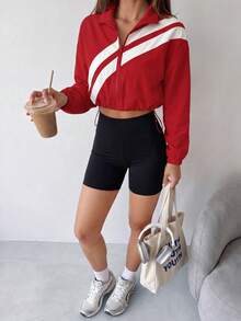 Dewbera Dewbera Jaket Resleting Penuh dengan Tali Serut di Bagian Bawah, Motif Blok Warna Musim Semi/Gugur - Merah - View 4