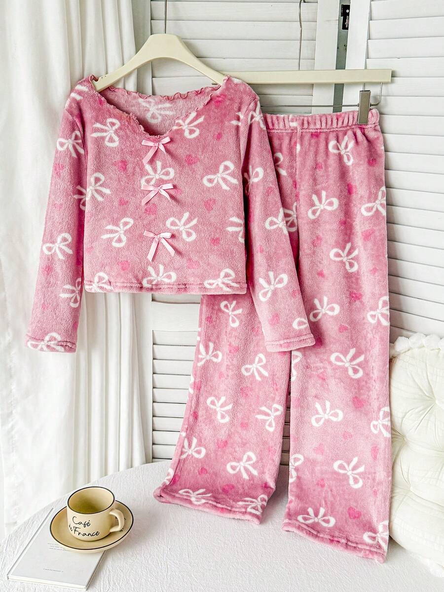 SHEIN 青少年女孩 V 領長袖秋季上衣與長褲睡衣套裝 - 淺粉色 - 查看 1