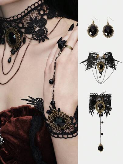 MortiRose 1 Set Women's Vintage Dark Gothic Style Black Gemstone Necklace, Bracelet, Earrings Jewelry Set