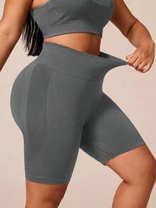 Rhythm Era Celana Pendek Olahraga Wanita Ukuran Besar Warna Polos Pinggang Tinggi - Grey - View 4