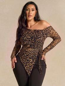 SHEIN BAE Plus Size Women's Leopard Print Asymmetrical Top Fall - Multicolor - View 6