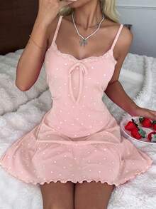 CottageSlumber Women's Knit Ribbed Heart Print Contrast Lace Trim Large Bow Ruffle Hem Romantic Sweet Sexy Cute Pink Polka Dot Camisole Nightgown Sleep Home Summer - Baby Pink - View 6