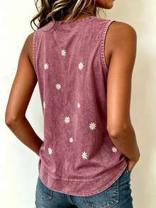 EMERY ROSE Women's Casual Vacation Daisy Print V-Neck Washed Tank Top - Redwood - View 2