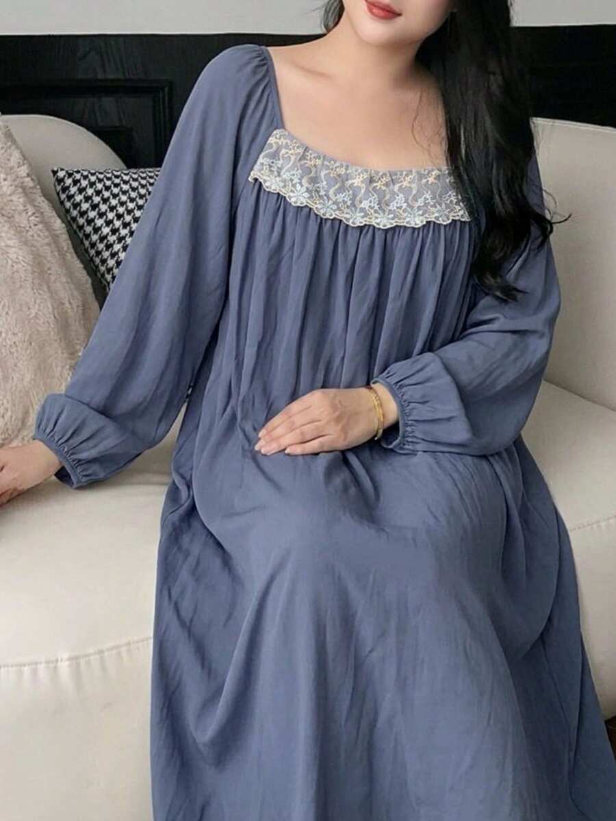 Dazy Plus 大尺碼女款拼色百褶休閒居家睡裙 - 寶藍色 - 查看 1