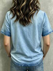 EMERY ROSE V-Neck Zip Design Casual Denim Effect Printed Short Sleeve T-Shirt, Summer - Multicolor - View 2