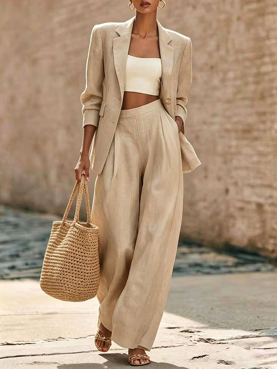 SHEIN Apricot Color Suit, Double-Breasted Long-Sleeve Suit And Straight-Leg Pants 2-Piece Set, Spring And Autumn Commuting Wear, Office Wear, Elegant Suit
