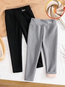 SHEIN 2 件套女童蝴蝶刺绣打底裤，天鹅绒面料，适合秋冬日常休闲穿着 - 彩色 - 查看 4