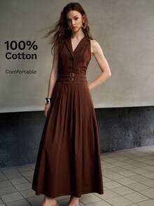 MOTF PREMIUM WOMEN'S AUTUMN SLEEVELESS DOUBLE BELT DESIGN PLEATED LONG DRESS - Coffee Brown - View 2