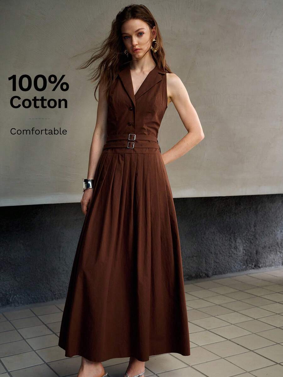 MOTF PREMIUM WOMEN'S AUTUMN SLEEVELESS DOUBLE BELT DESIGN PLEATED LONG DRESS