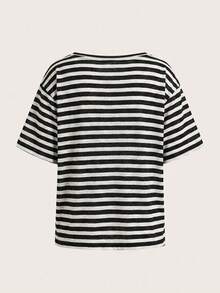 SHEIN EZwear 休閒極簡黑白條紋針織人造絲落肩寬鬆女款T恤，適合夏季度假，薄款 - 黑與白 - 查看 3