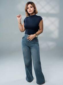 SARA VAULT Women's Casual Washed Rhinestone Embellished Wide Leg Jeans, Autumn Fall - Medium Wash - View 1
