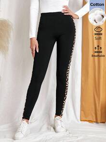 Easowa Legging Patchwork Motif Leopard untuk Wanita, Pakaian Kasual Musim Gugur/Dingin, Pakaian Sehari-hari untuk Berpergian, dan Bergaya Dasar. - Hitam - View 5