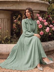 Anewsta Essential Women's Long Dress With Waist Ruffle, Shiny & Elegant Versatile Style, Spring/Autumn - Mint Green - View 3