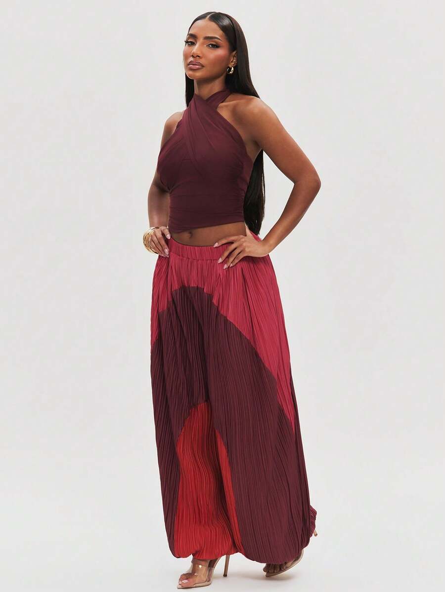 NYA SZN Bottom Pant Cropped Baggy Color Block Pleated Brunch Date Night ...