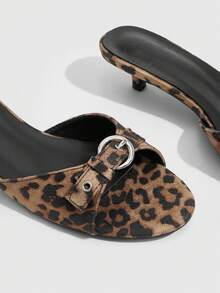 CUCCOO SZL Brown Flannel Casual Simple Daily Solid Color Women Heeled Sandals - Leopard flannel - View 5