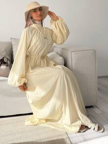 Solavon Women's Elegant Modest Casual Vacation Two Pieces Set Beige Textured Pleated Woven Design Includes Long-Sleeved Bubble-Sleev Brunch Autumn - Light Yellow - View 2