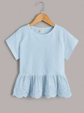 Tween Girls Blue Sleeve Ruffle Trim T-Shirt, Suitable For Vacation, Outing, Casual Wear, Blue , Casual T-Shirt