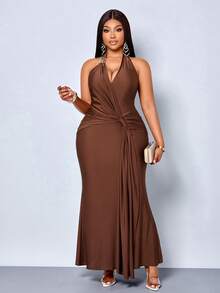 SOLERSUN V-Neck Halter Backless Mermaid Long Dress, Metal Buckles Flowing Satin Ribbons, Parties Formal Wedding Guest Evening Events Brown Summer Elegant - Coffee Brown - View 6