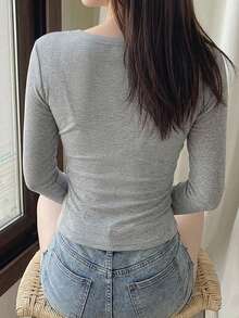 DAZY 女款休閒百搭純色長袖上衣 - 灰色 - 查看 4