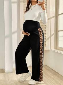 SHEIN Maternity Side Patchwork Leopard Print Adjustable Waist Long Pants Fall - Multicolor - View 4