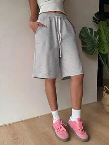 SHEIN EZwear 女士休闲灰色针织阔腿百慕大短裤，带口袋 - 灰色 - 查看 4
