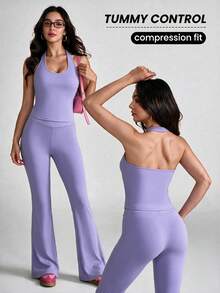 Dewbera Dewbera Halter Neck Tank Top & Flare Pants Sports Set, Purple - Purple - View 3