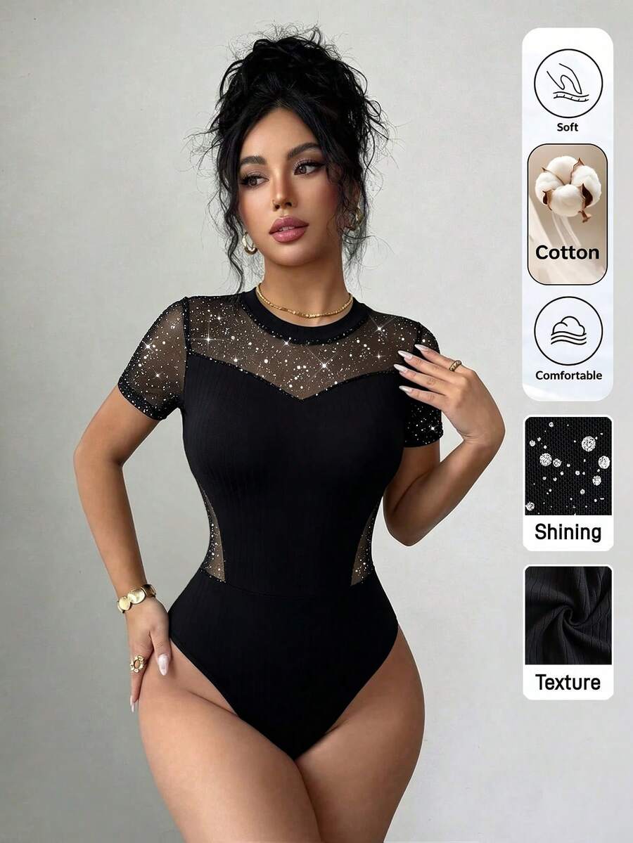 Elenzga Women's Spring/Summer Elegant Charming Black Patchwork Sequin Mesh Round Neck Short Sleeve Fitted Bodysuit - Black - View 1