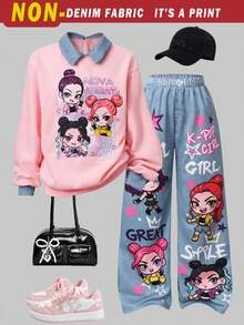 SHEIN Tween女孩 2件/套，適合女孩，活力卡通休閒風，校園日常，春秋套裝，寬鬆，針織，極簡，秋季韓版套頭衫 - 彩色 - 查看 1