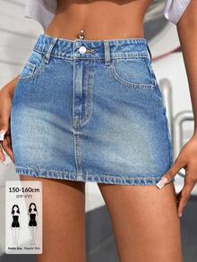 SHEIN PETITE Women's Pocket Bodycon Casual Versatile Denim Skirt - Medium Wash - View 1