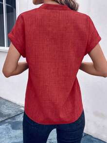 EMERY ROSE Summer Casual Solid Color Notch Collar Shirt - Red - View 2