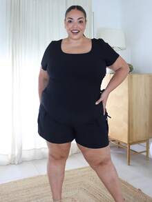 Pretty and Ole 大尺碼女款夏季純色不對稱下擺休閒抽繩側邊黑色T恤 - 黑色 - 查看 1