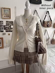 Lalippa Women's Solid Color Contrast Fur Collar Long Sleeve Knit Cardigan - Beige - View 1