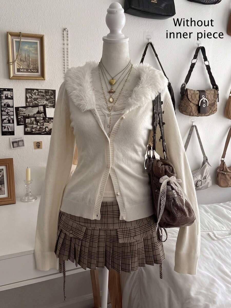 Lalippa Women's Solid Color Contrast Fur Collar Long Sleeve Knit Cardigan - Beige - View 1