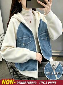 INAWLY Women's Raglan Long Sleeve Patchwork Denim Effect Print Zipper Front Drawstring Hooded Sweatshirt - Multicolor - View 1