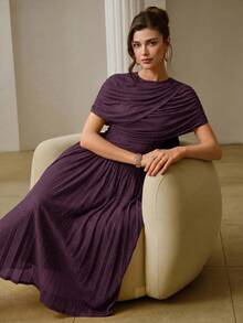 ZEYLAH Women's Solid Color Pleated Casual Party Long Dress - Bold Plum - View 5