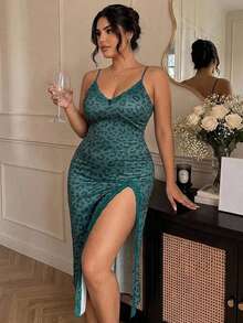 Dazy Plus Charming Leopard Print Lace Trim Sexy Backless Fitted Slit Design Cami Nightgown Fall - Dark Green - View 4