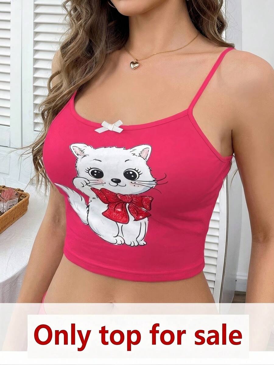 SHEIN 可爱猫咪蝴蝶结 INS 吊带上衣,女士睡衣 - 紅色 - 查看 1