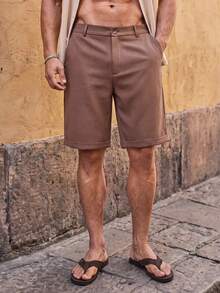 HIMLAND Men's Woven Solid Color Short Mid-Waist Slim Straight Leg Shorts, Bermuda Inseam, Suitable For Daily Wear, Spring And Summer - Brown - View 6