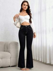 SHEIN ICON 女款夏季休閒商務風喇叭褲 高腰鈕扣開襟黑色彈性牛仔褲 修身顯瘦 日常穿著 外出牛仔褲 - 黑色 - 查看 5